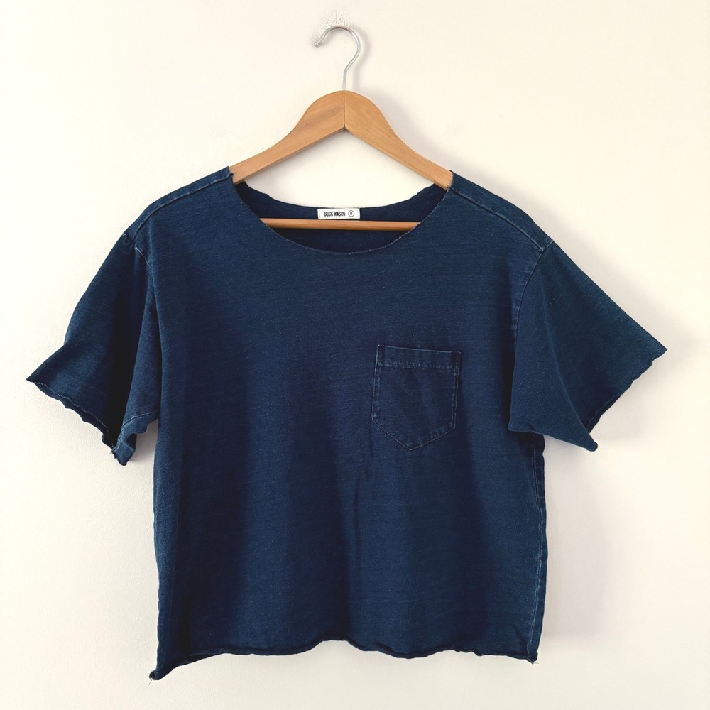 Buck Mason T-Shirt Medium Indigo Blue Boxy Raw Hem Slub Jersey Pocket Tee *READ*